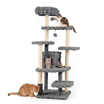 Arbre à chat de 67 pouces avec condo et perchoir rembourré, gris