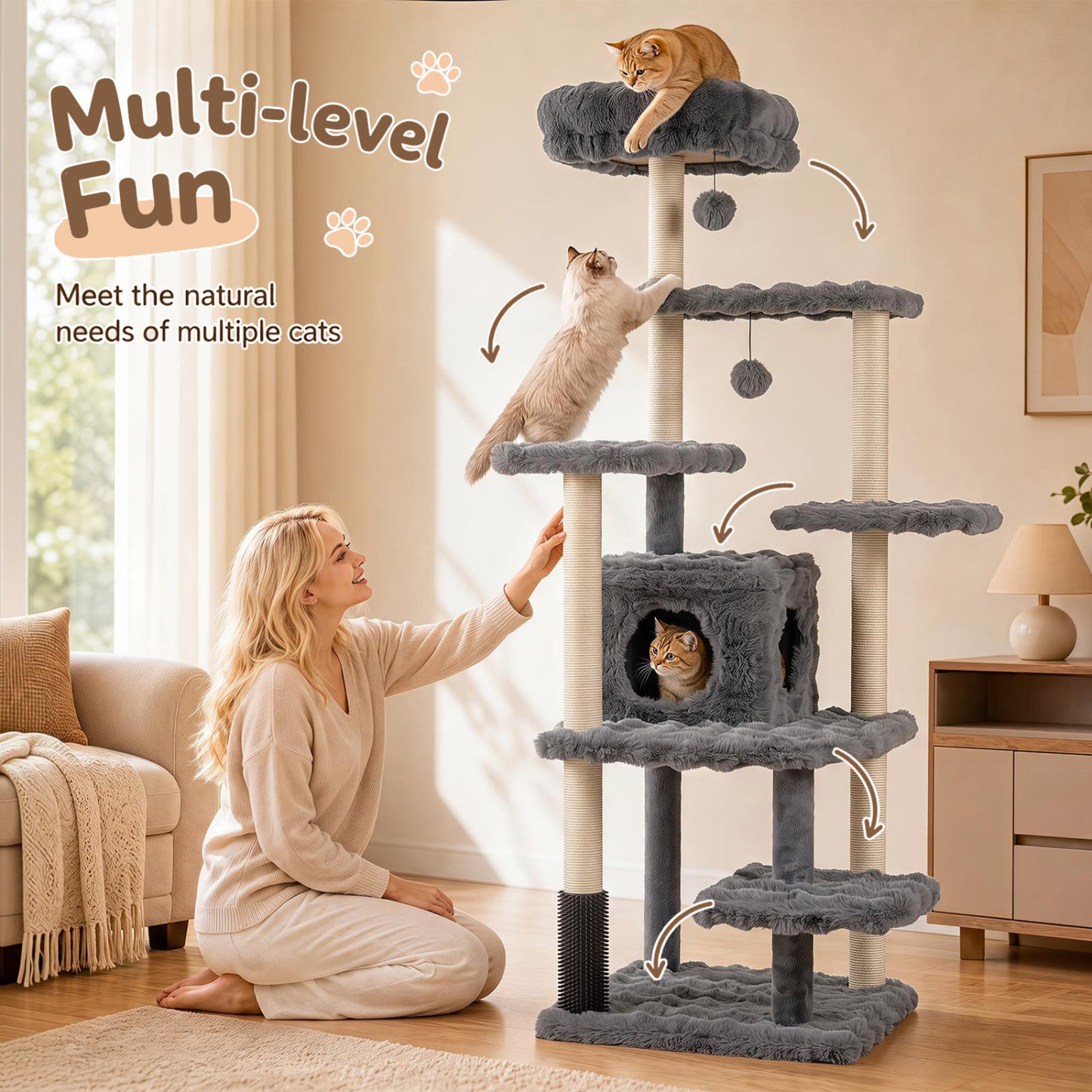 Arbre à chat de 67 pouces avec condo et perchoir rembourré, gris