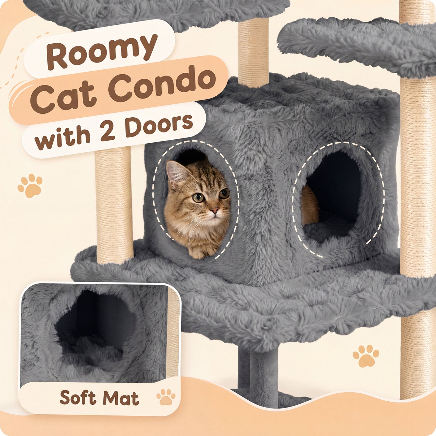 Arbre à chat de 67 pouces avec condo et perchoir rembourré, gris