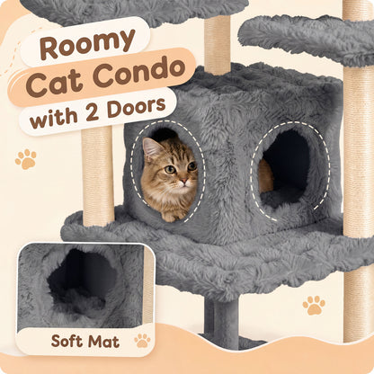 Arbre à chat de 67 pouces avec condo et perchoir rembourré, gris