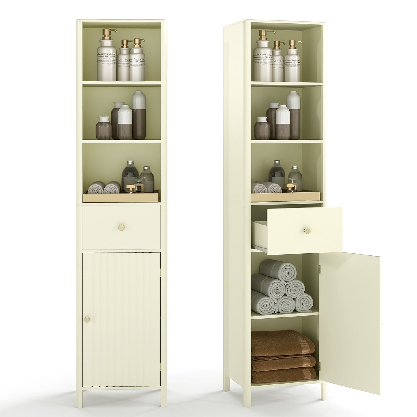 67 Inch Tall Bathroom Cabinet Narrow Floor Cabinet with Fluted Door, Beige Floor Cabinets at Gallery Canada