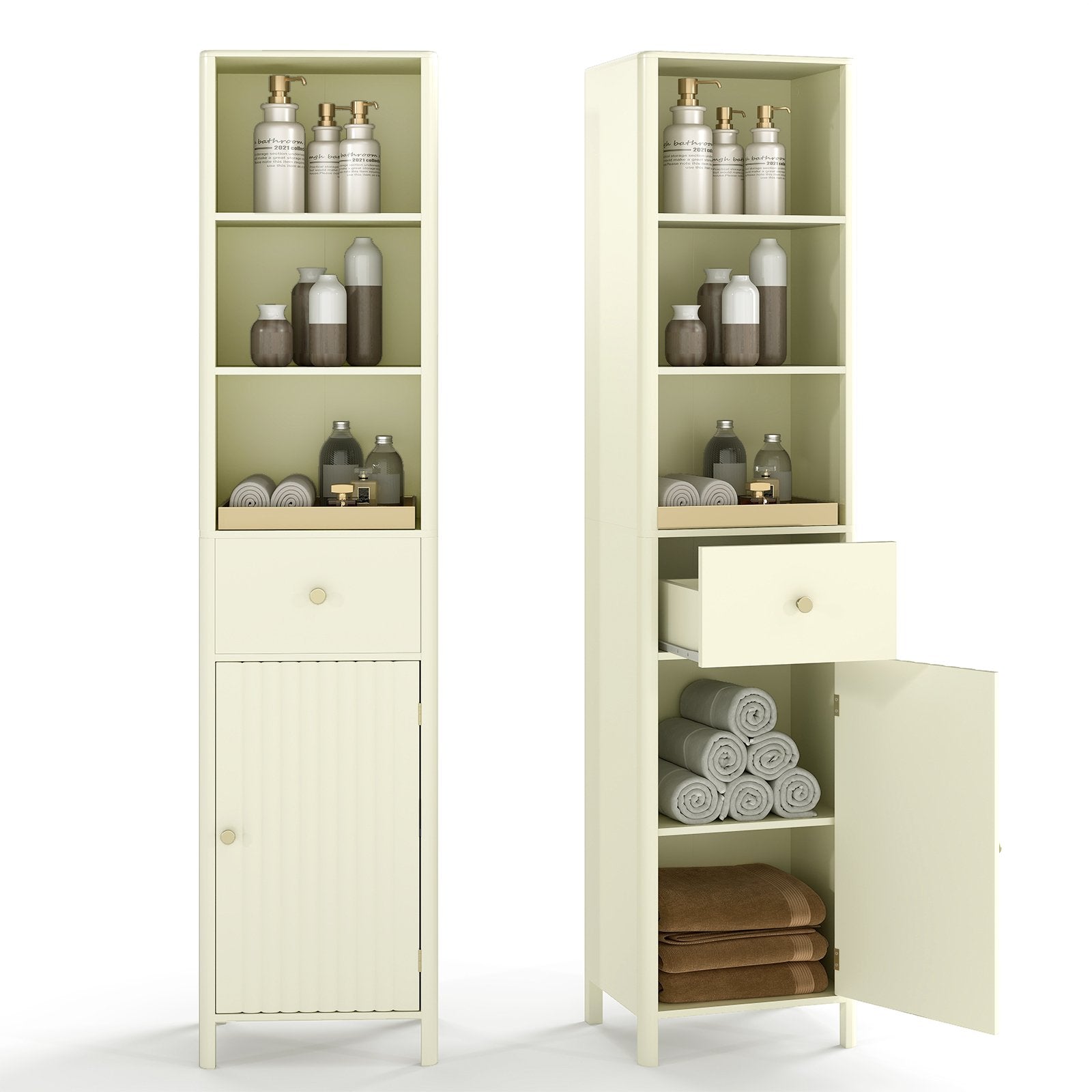 67 Inch Tall Bathroom Cabinet Narrow Floor Cabinet with Fluted Door, Beige Floor Cabinets at Gallery Canada