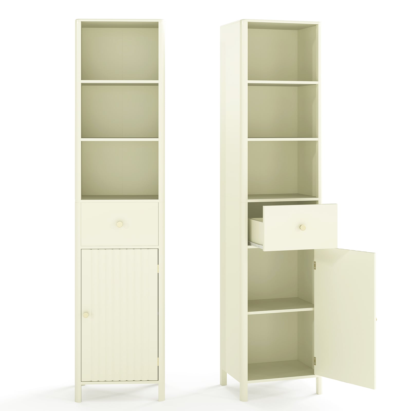 67 Inch Tall Narrow Bathroom Cabinet, Fluted Door, Beige Floor Cabinets at Gallery Canada