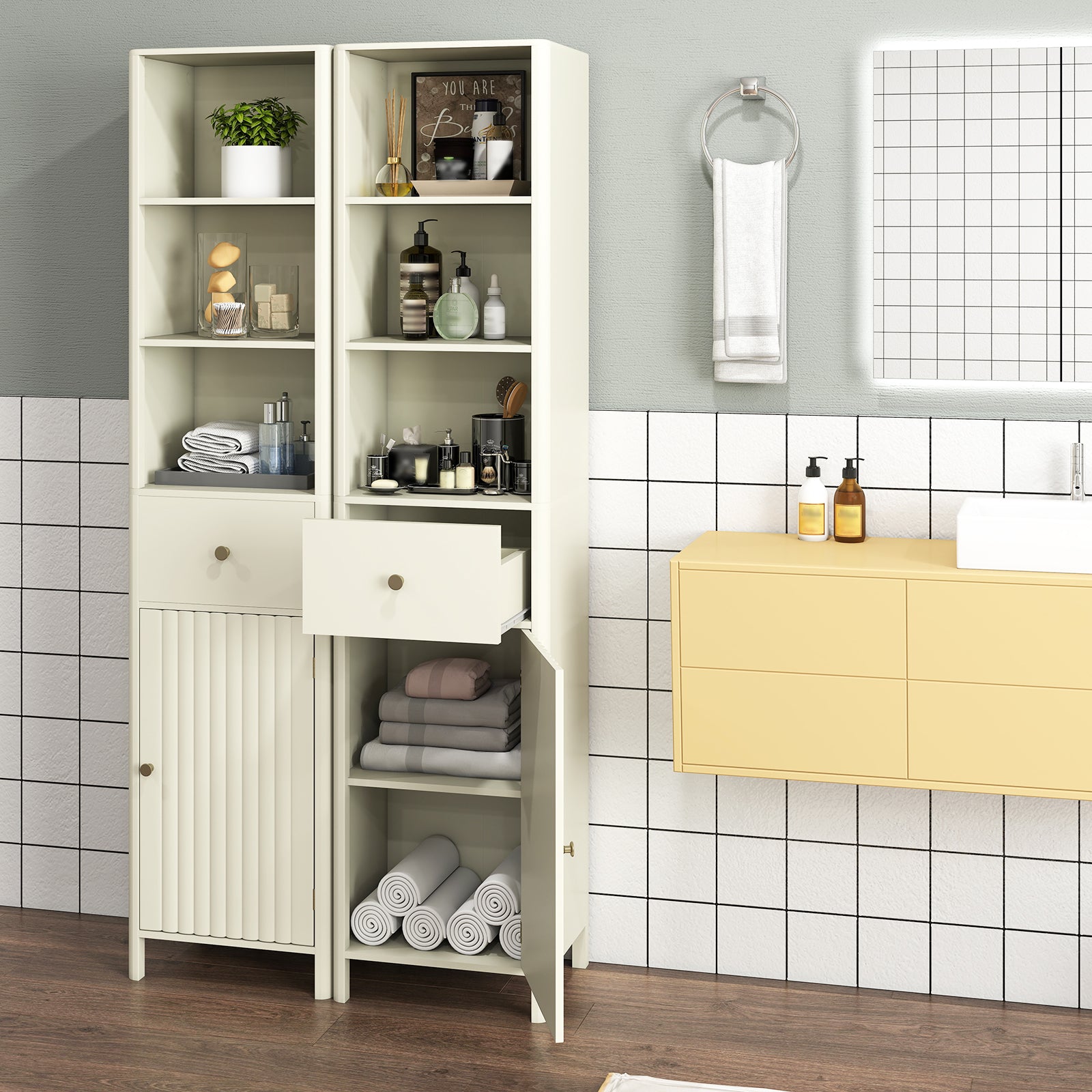 67 Inch Tall Bathroom Cabinet Narrow Floor Cabinet with Fluted Door, Beige Floor Cabinets at Gallery Canada