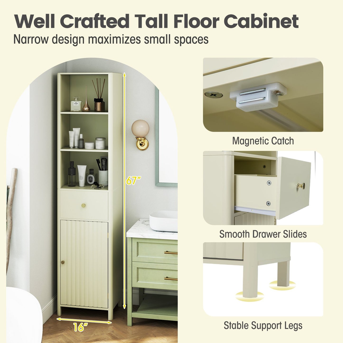 67 Inch Tall Bathroom Cabinet Narrow Floor Cabinet with Fluted Door, Beige Floor Cabinets at Gallery Canada