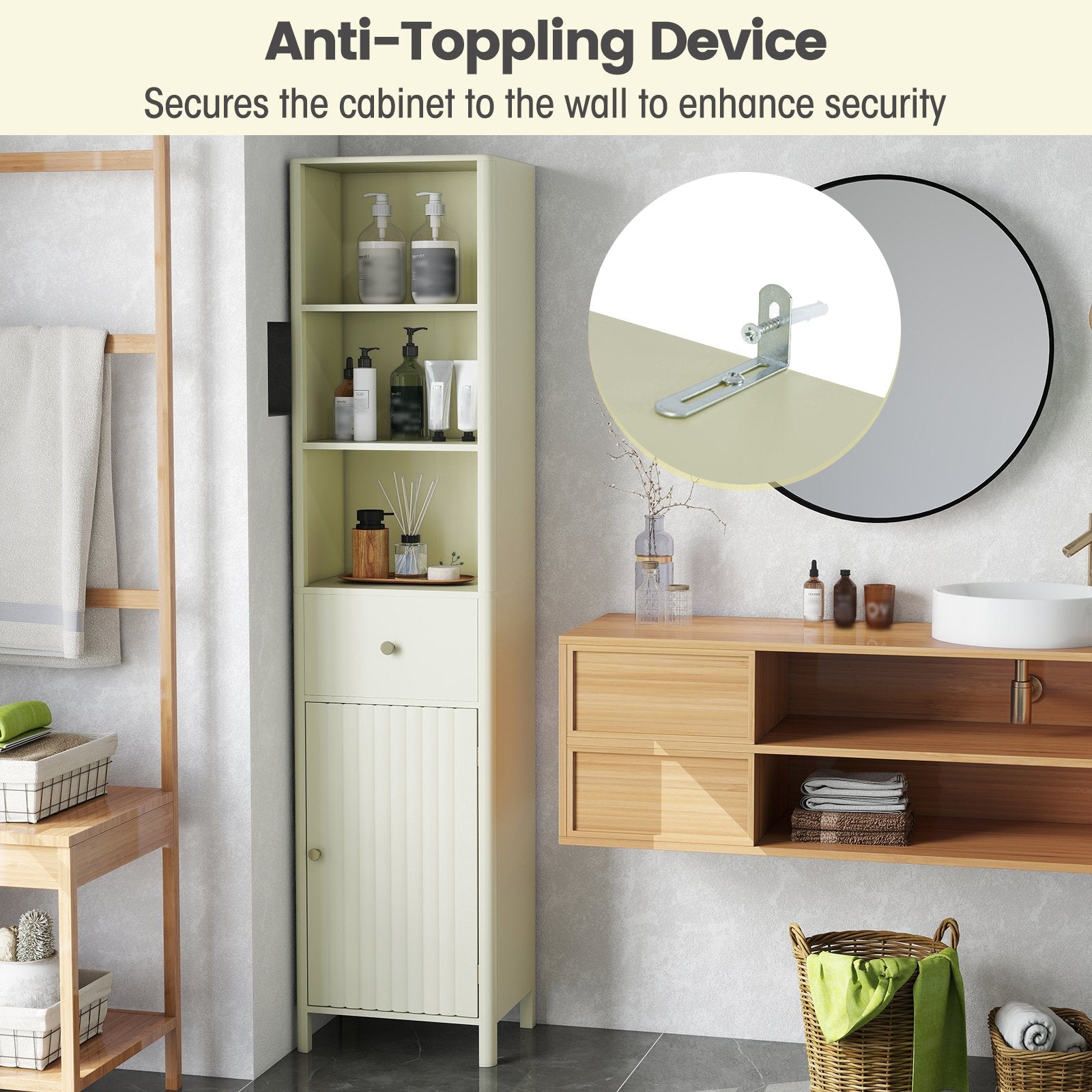 67 Inch Tall Bathroom Cabinet Narrow Floor Cabinet with Fluted Door, Beige Floor Cabinets at Gallery Canada