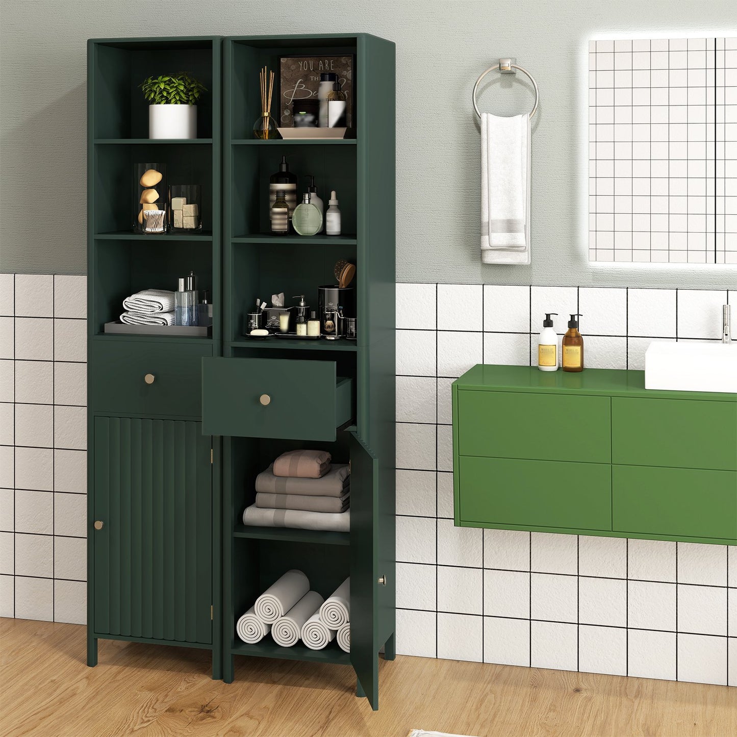 67 Inch Tall Bathroom Cabinet Narrow Floor Cabinet with Fluted Door, Green Floor Cabinets at Gallery Canada