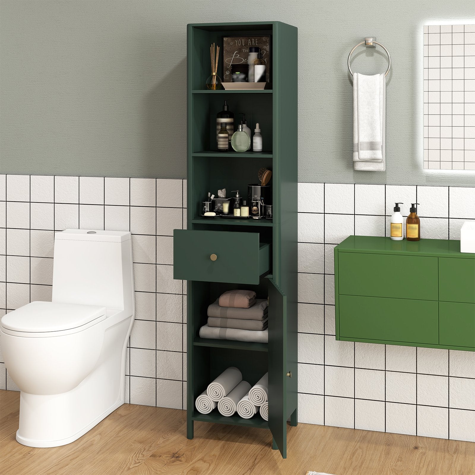 67 Inch Tall Bathroom Cabinet Narrow Floor Cabinet with Fluted Door, Green Floor Cabinets at Gallery Canada