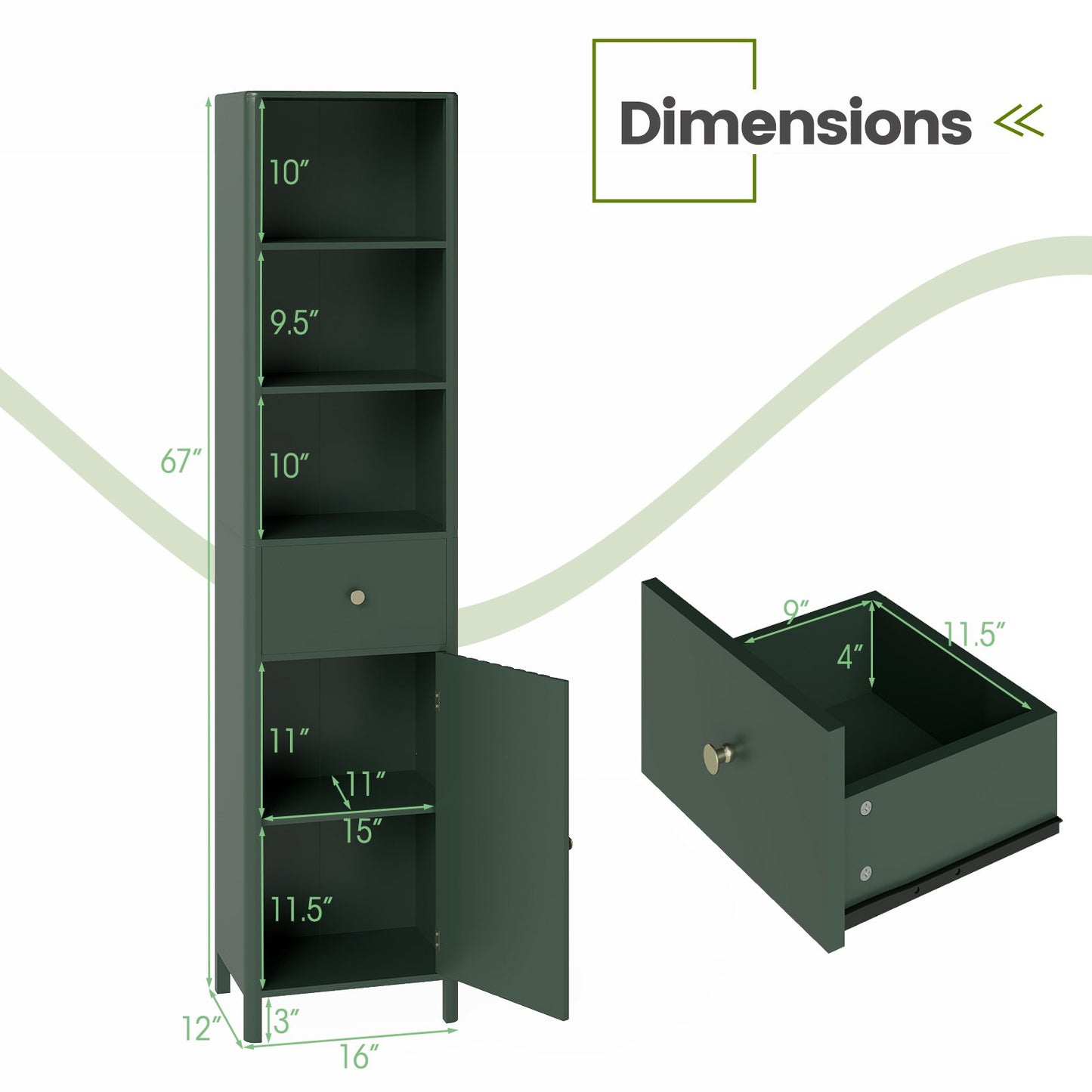 67 Inch Tall Bathroom Cabinet Narrow Floor Cabinet with Fluted Door, Green Floor Cabinets at Gallery Canada