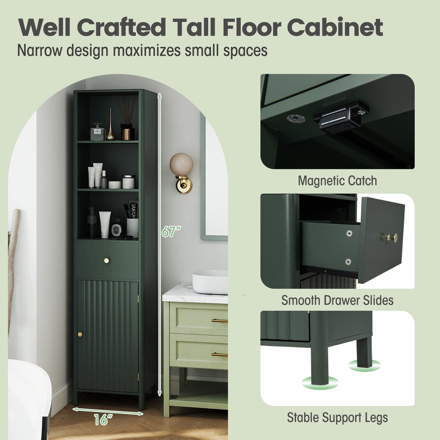 67 Inch Tall Bathroom Cabinet Narrow Floor Cabinet with Fluted Door, Green Floor Cabinets at Gallery Canada