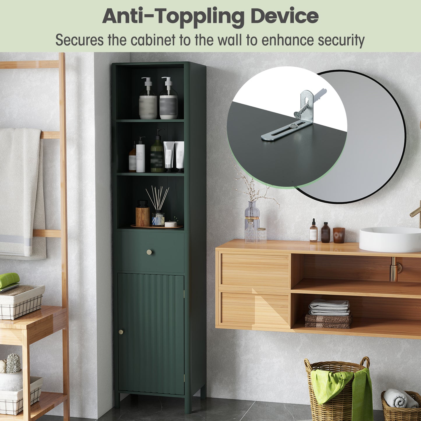 67 Inch Tall Bathroom Cabinet, Narrow Floor Cabinet, Fluted Door, Green Floor Cabinets at Gallery Canada