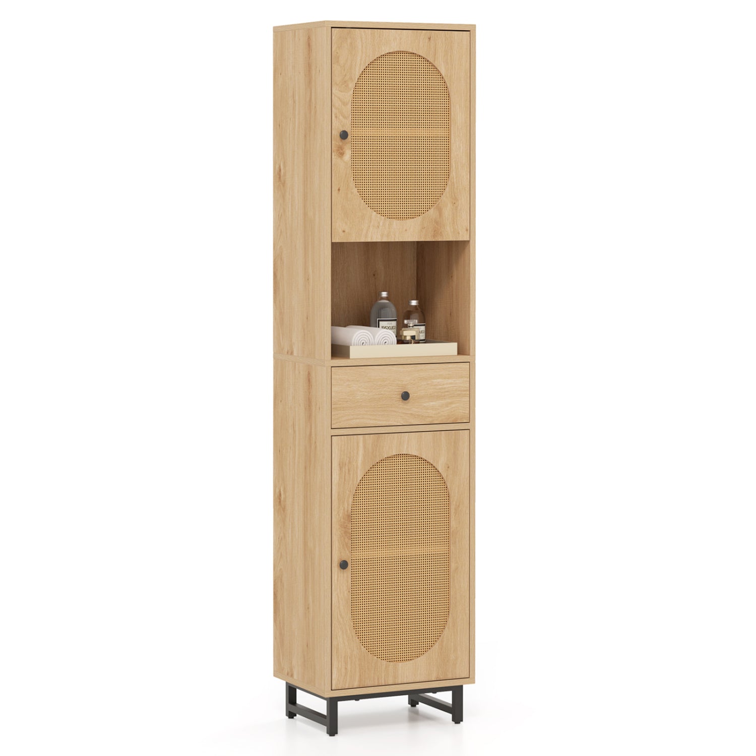 67 Inch Tall Bathroom Cabinet, PE Rattan, 2 Doors, Natural Floor Cabinets Natural at Gallery Canada