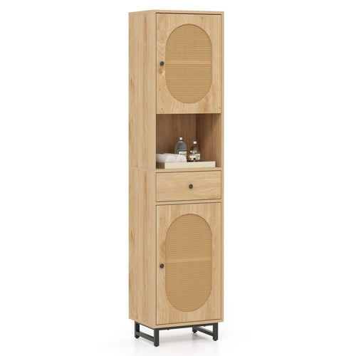 67 Inch Tall Bathroom Cabinet, PE Rattan, 2 Doors, Natural