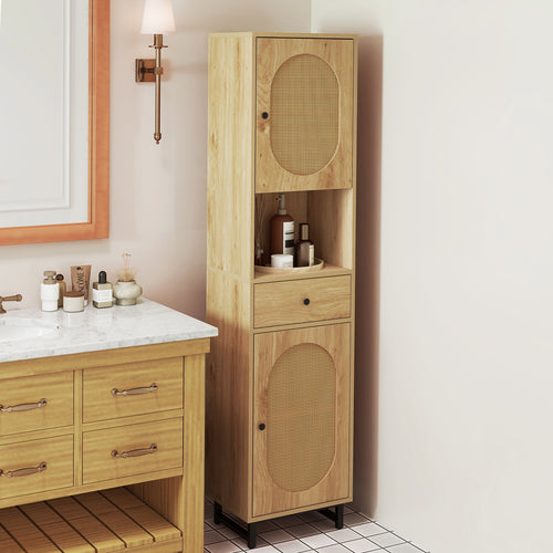 67 Inch Tall Bathroom Cabinet, PE Rattan, 2 Doors, Natural