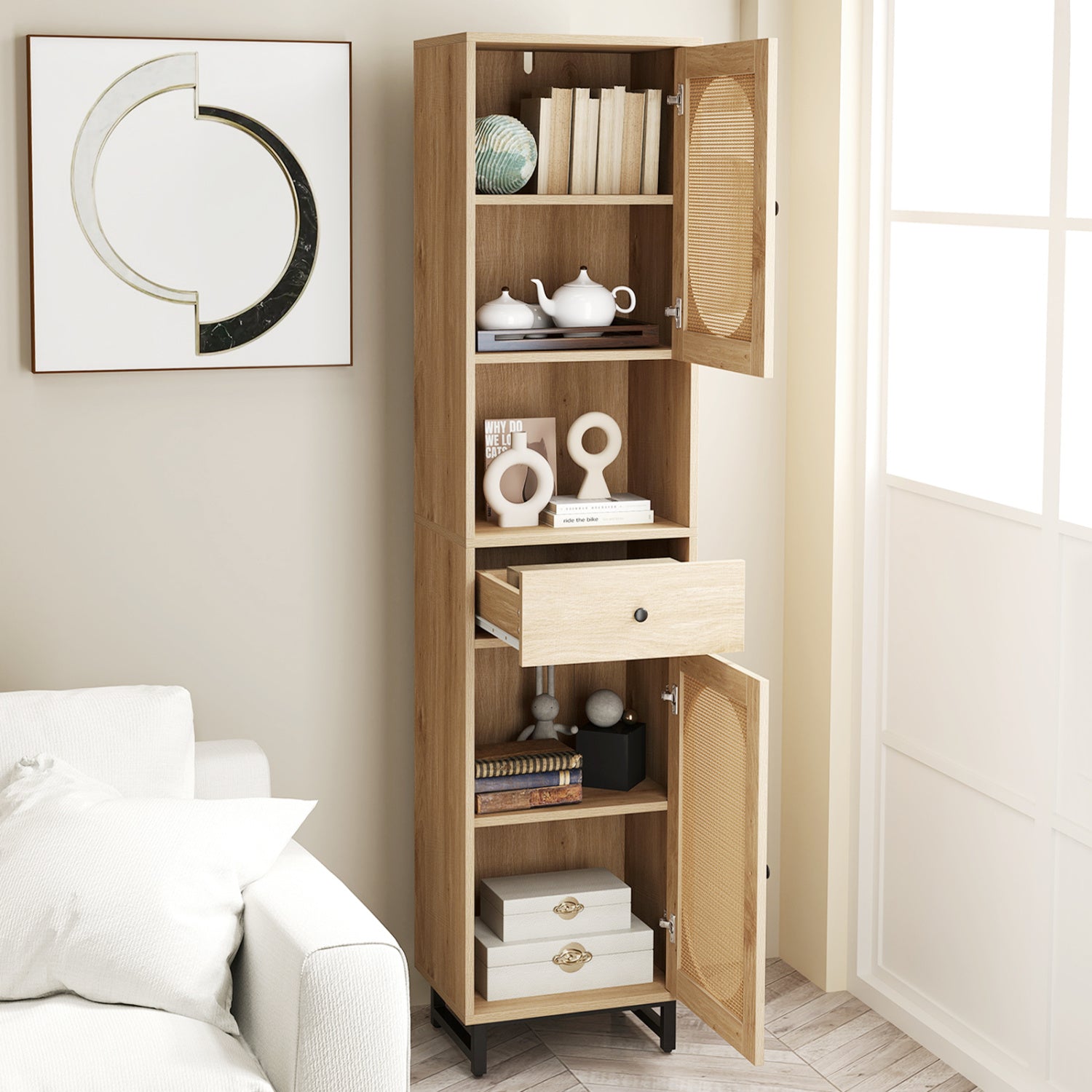 67 Inch Tall Bathroom Cabinet, PE Rattan, 2 Doors, Natural Floor Cabinets at Gallery Canada