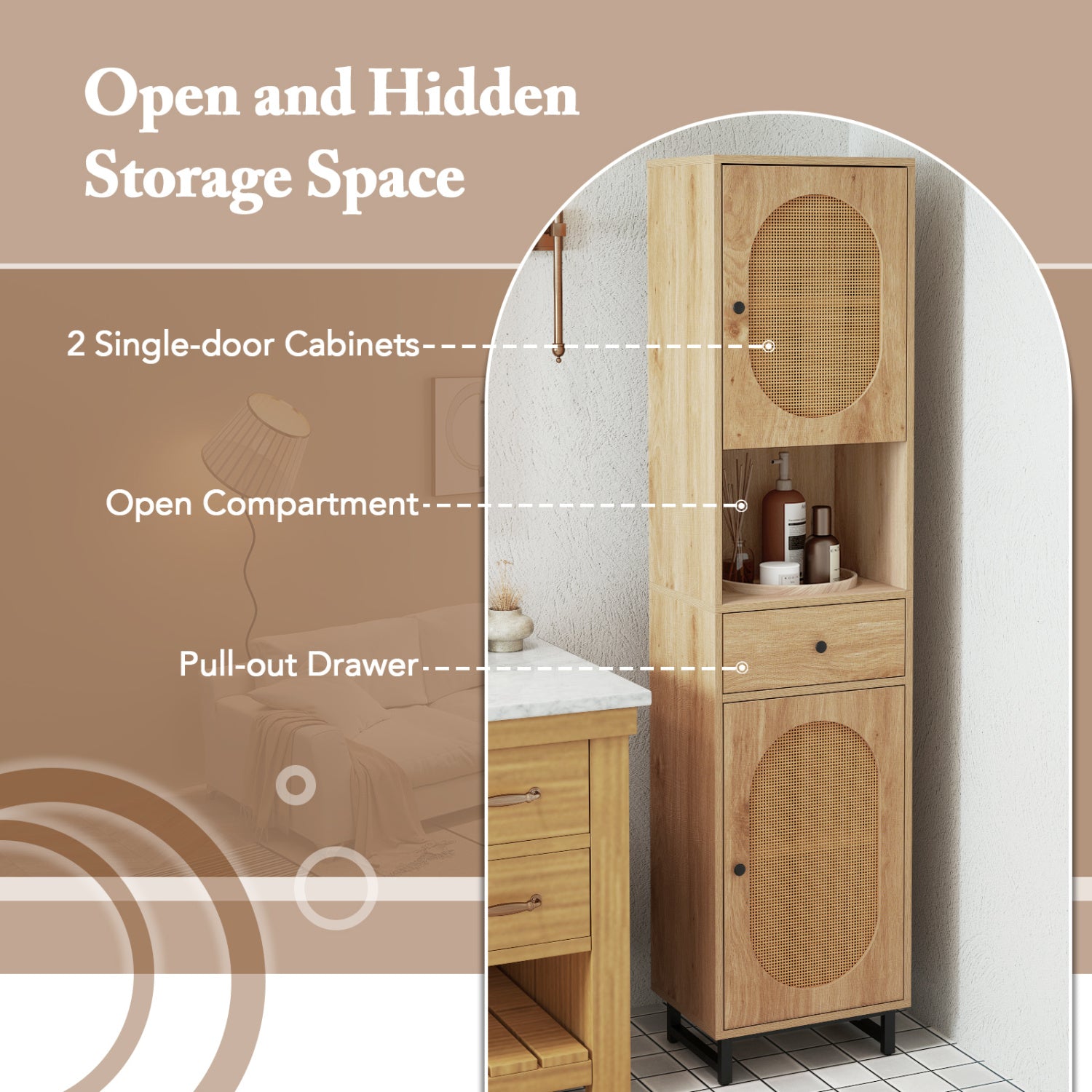 67 Inch Tall Bathroom Cabinet, PE Rattan, 2 Doors, Natural Floor Cabinets at Gallery Canada