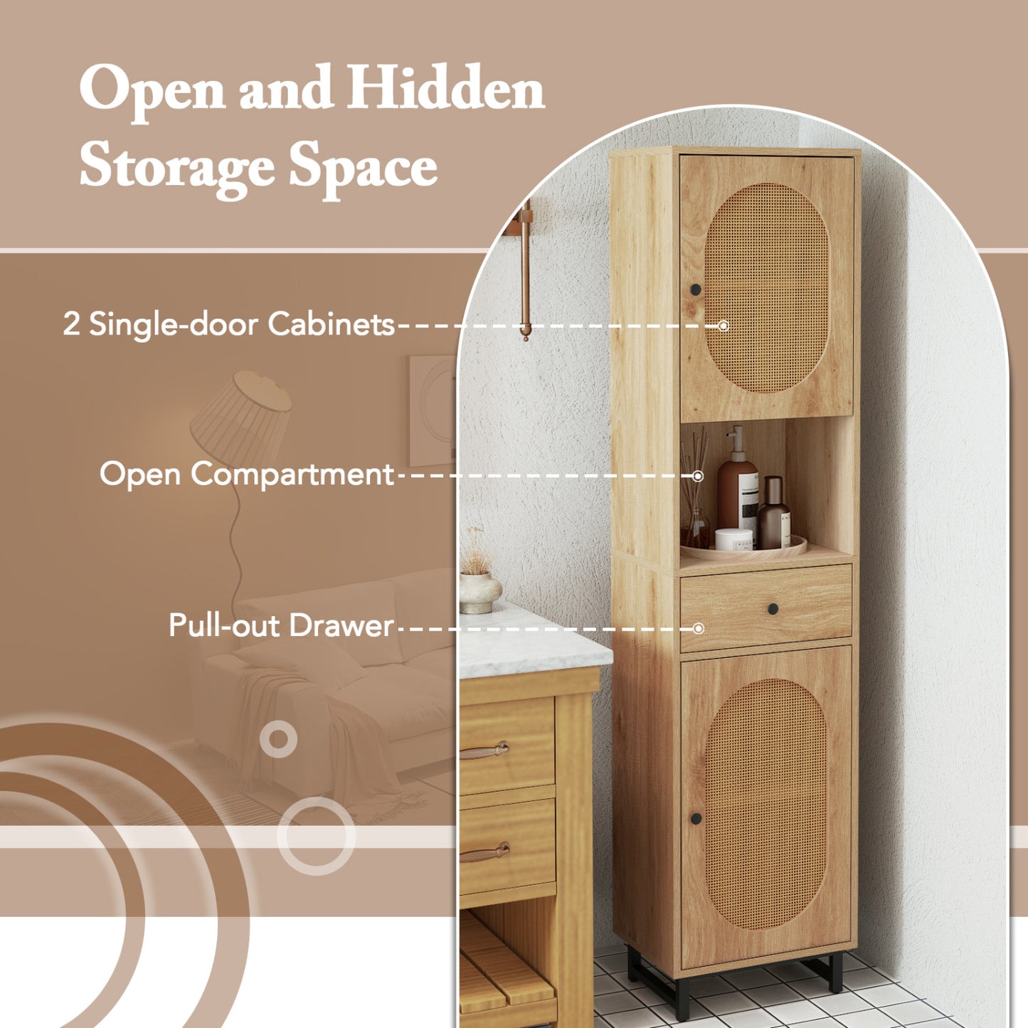 67 Inch Tall Bathroom Cabinet, PE Rattan, 2 Doors, Natural Floor Cabinets at Gallery Canada