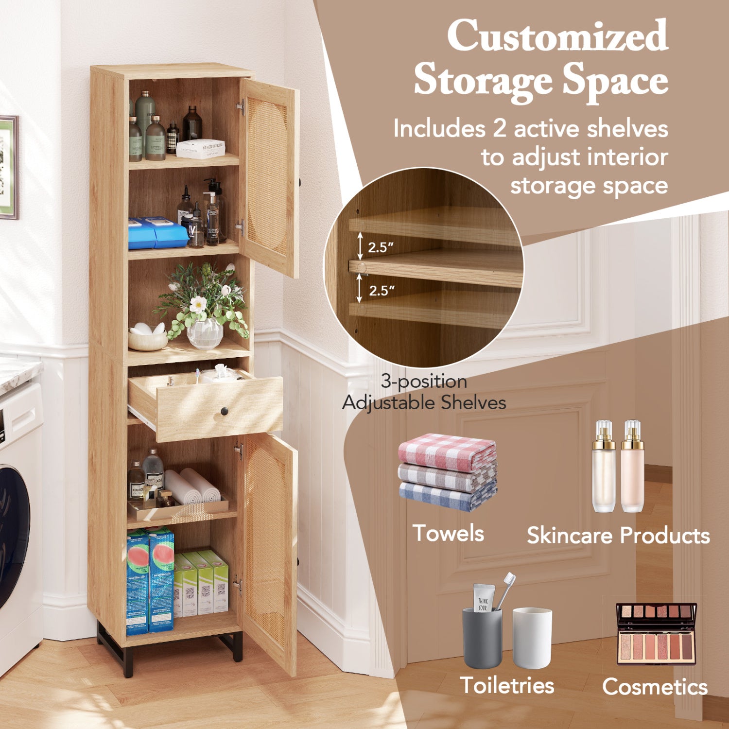 67 Inch Tall Bathroom Cabinet, PE Rattan, 2 Doors, Natural Floor Cabinets at Gallery Canada