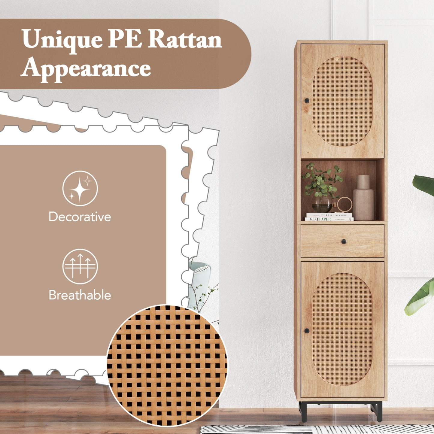67 Inch Tall Bathroom Cabinet, PE Rattan, 2 Doors, Natural Floor Cabinets at Gallery Canada