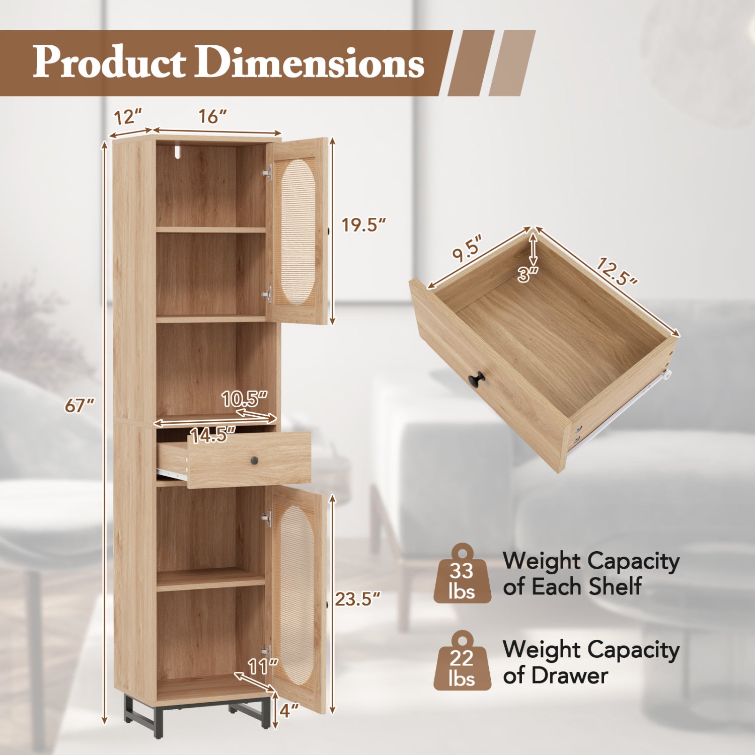 67 Inch Tall Bathroom Cabinet, PE Rattan, 2 Doors, Natural Floor Cabinets at Gallery Canada