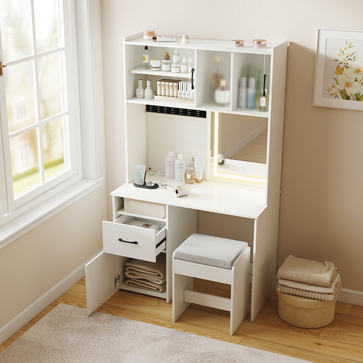 67 Inches Tall Vanity Set with Mirror Makeup Dressing Table with Charging Station, White Makeup Vanities at Gallery Canada