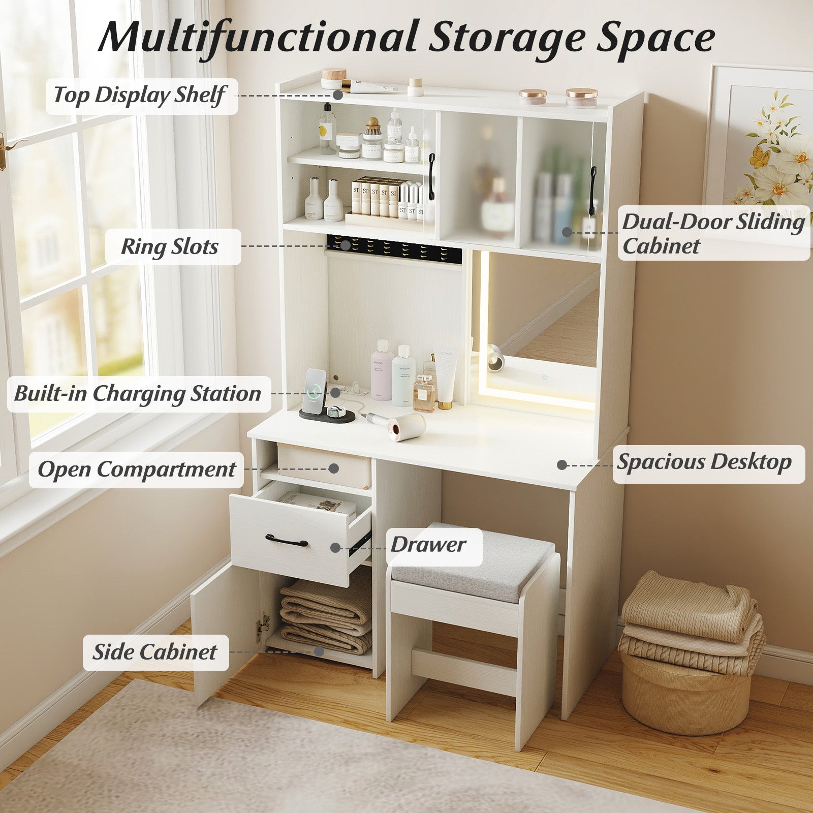 67 Inches Tall Vanity Set with Mirror Makeup Dressing Table with Charging Station, White Makeup Vanities at Gallery Canada