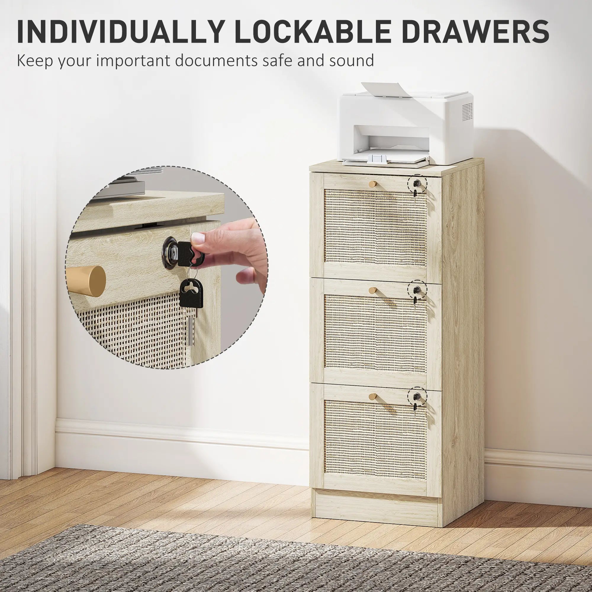 3 Drawer Filing Cabinet with Lock, Boho File Cabinet, A4 Letter Size, Oak Office Cabinets & Cupboards at Gallery Canada