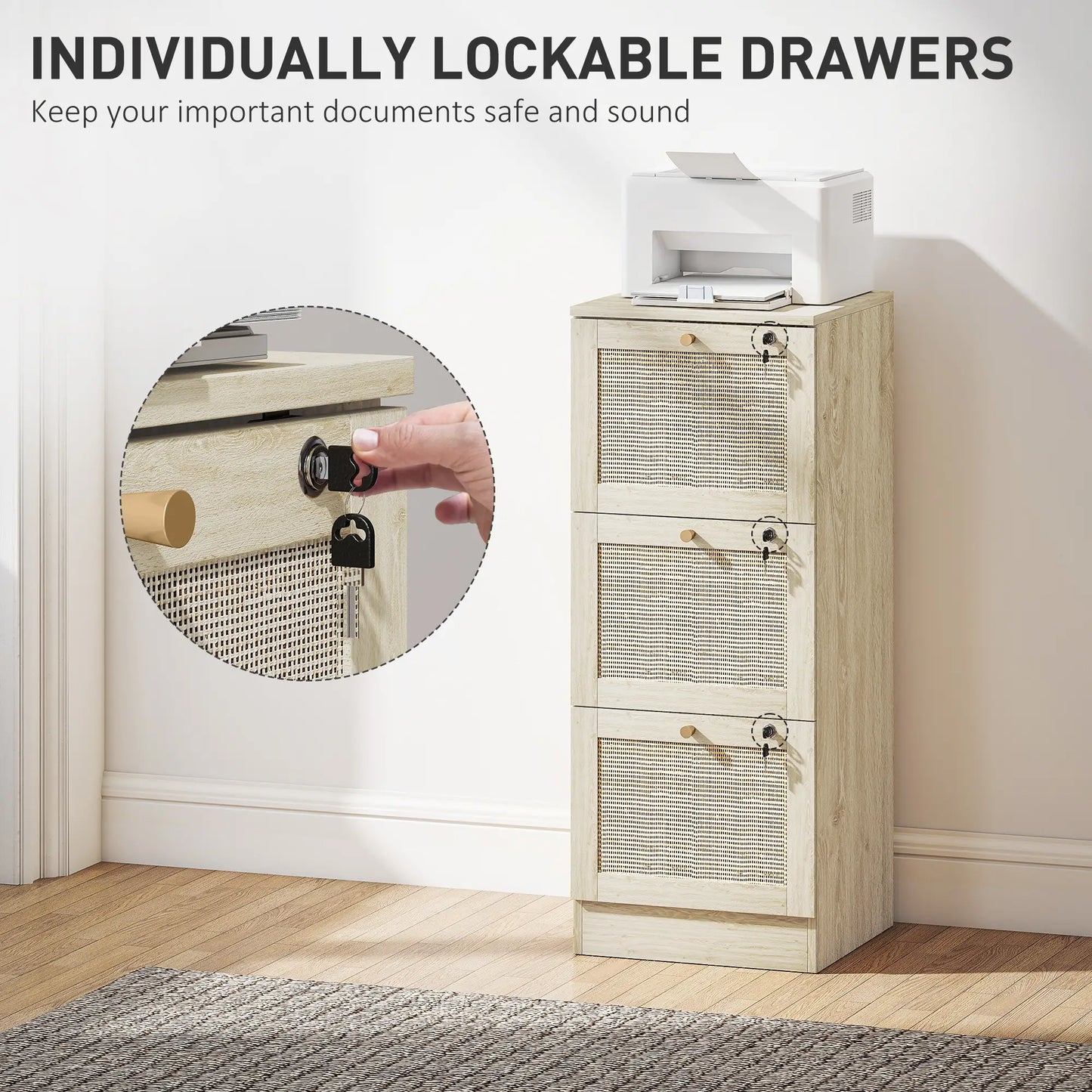 3 Drawer Filing Cabinet with Lock, Boho File Cabinet, A4 Letter Size, Oak Office Cabinets & Cupboards at Gallery Canada