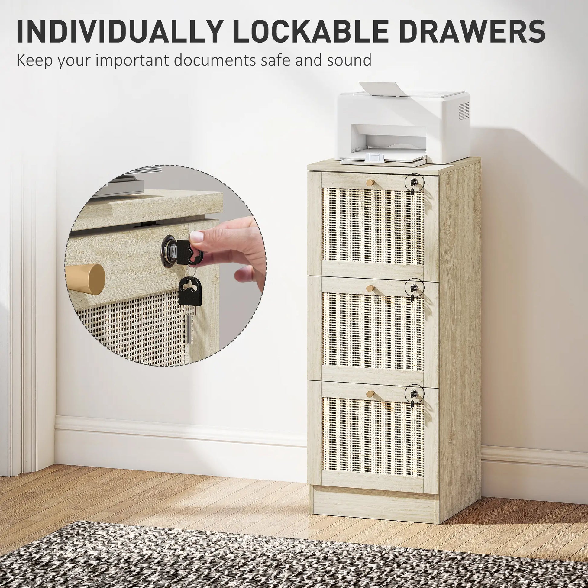 3 Drawer Filing Cabinet with Lock, Boho File Cabinet, A4 Letter Size, Oak Office Cabinets & Cupboards at Gallery Canada