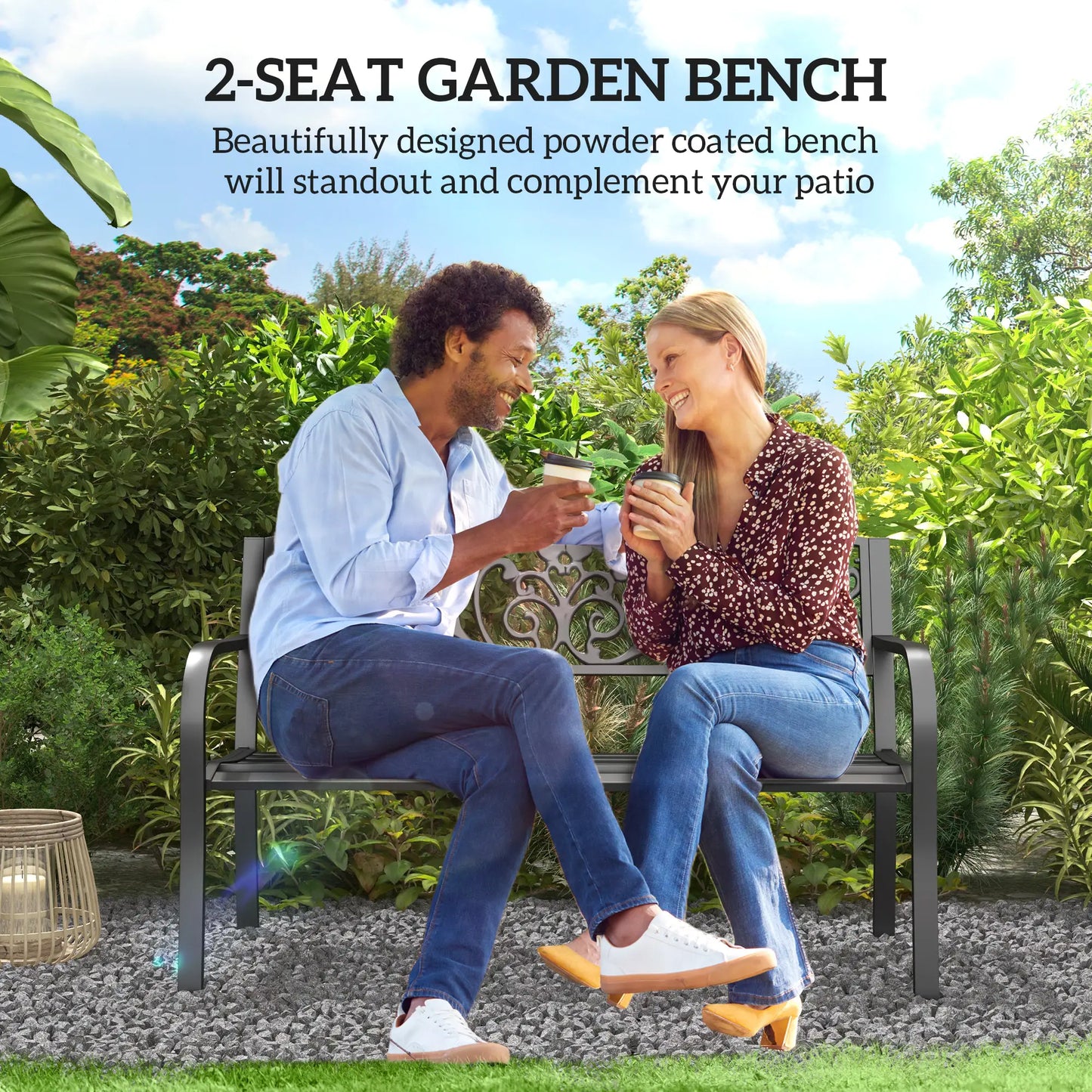 50 2-Seater Garden Bench, Outdoor Blossoming Pattern, Black Outdoor Benches at Gallery Canada