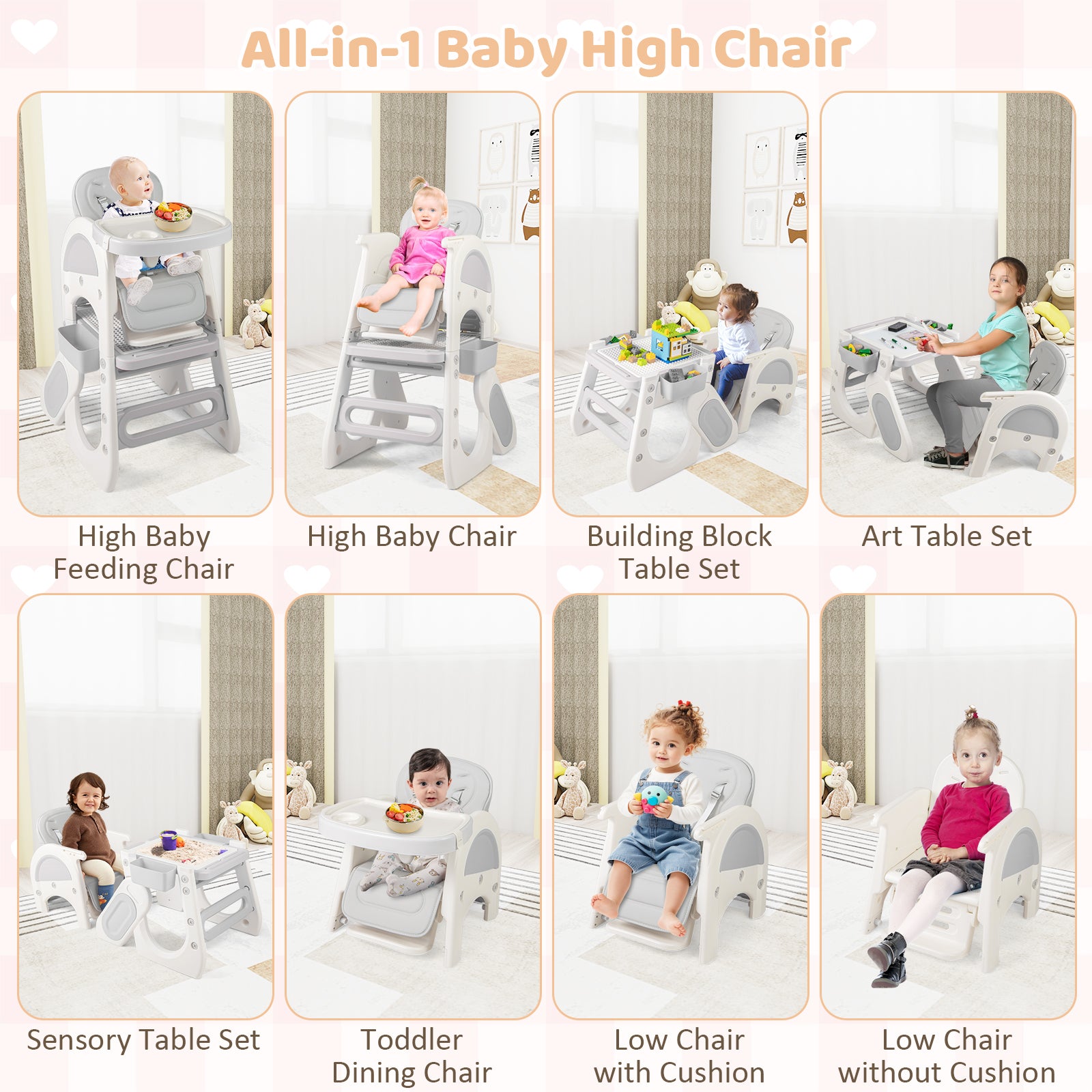 Convertible Baby High Chair with Double-layer Tray and Adjustable Backrest-Grey, Gray High Chairs at Gallery Canada