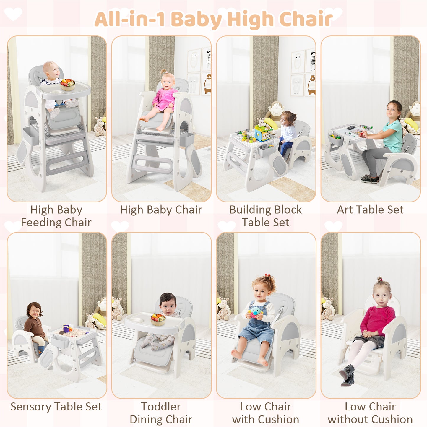 Convertible Baby High Chair with Double-layer Tray and Adjustable Backrest-Grey, Gray High Chairs at Gallery Canada