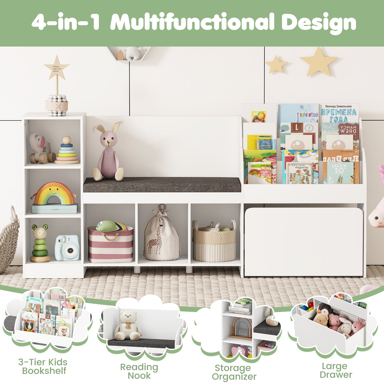 Kids Bookcase with Reading Nook 4-in-1 Standing Toy Organizer, White Kids Storage at Gallery Canada