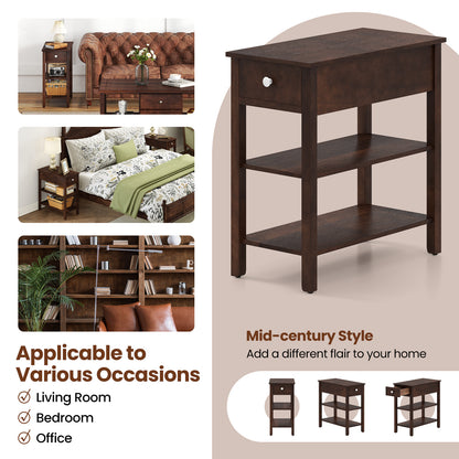 3-Tier Narrow End Table with Drawer and Storage Shelves Set of 2, Walnut Living Room at Gallery Canada