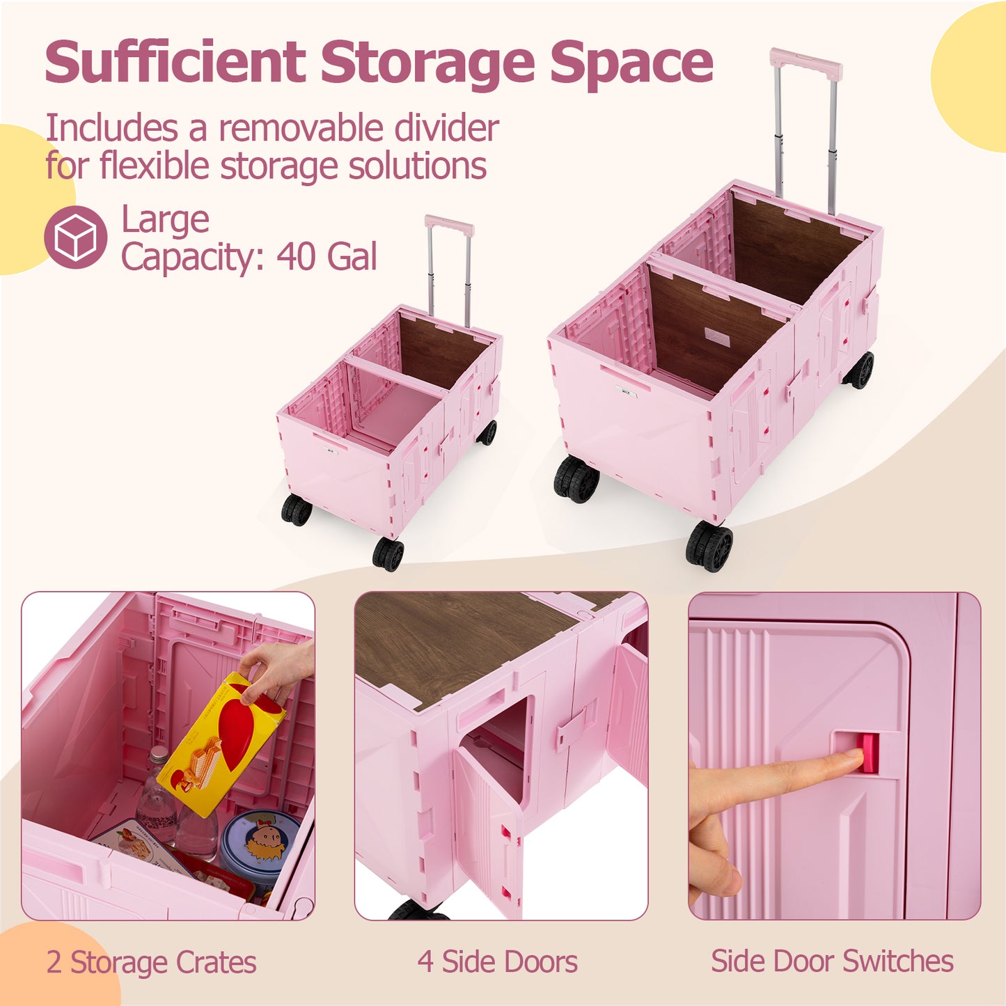 Large Foldable Utility Cart with 2-Tier Storage Crates and Telescoping Handle, Pink Camping Furniture at Gallery Canada