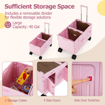 Large Foldable Utility Cart with 2-Tier Storage Crates and Telescoping Handle, Pink Camping Furniture at Gallery Canada