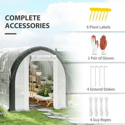 10'x6.6'x6.6' Tunnel Greenhouse, Mesh Door, Windows, Plant Labels, Gloves, White