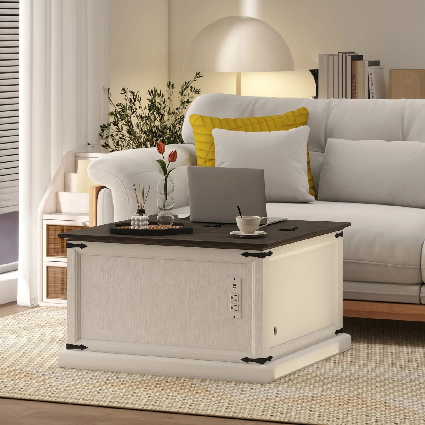 Lift Top Coffee Table, Square Farmhouse Center Table, White Wood Grain, White Coffee Tables at Gallery Canada