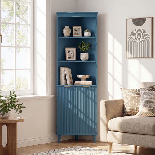 68 Inch Tall Bathroom Floor Storage Cabinet, Fluted Doors, Blue