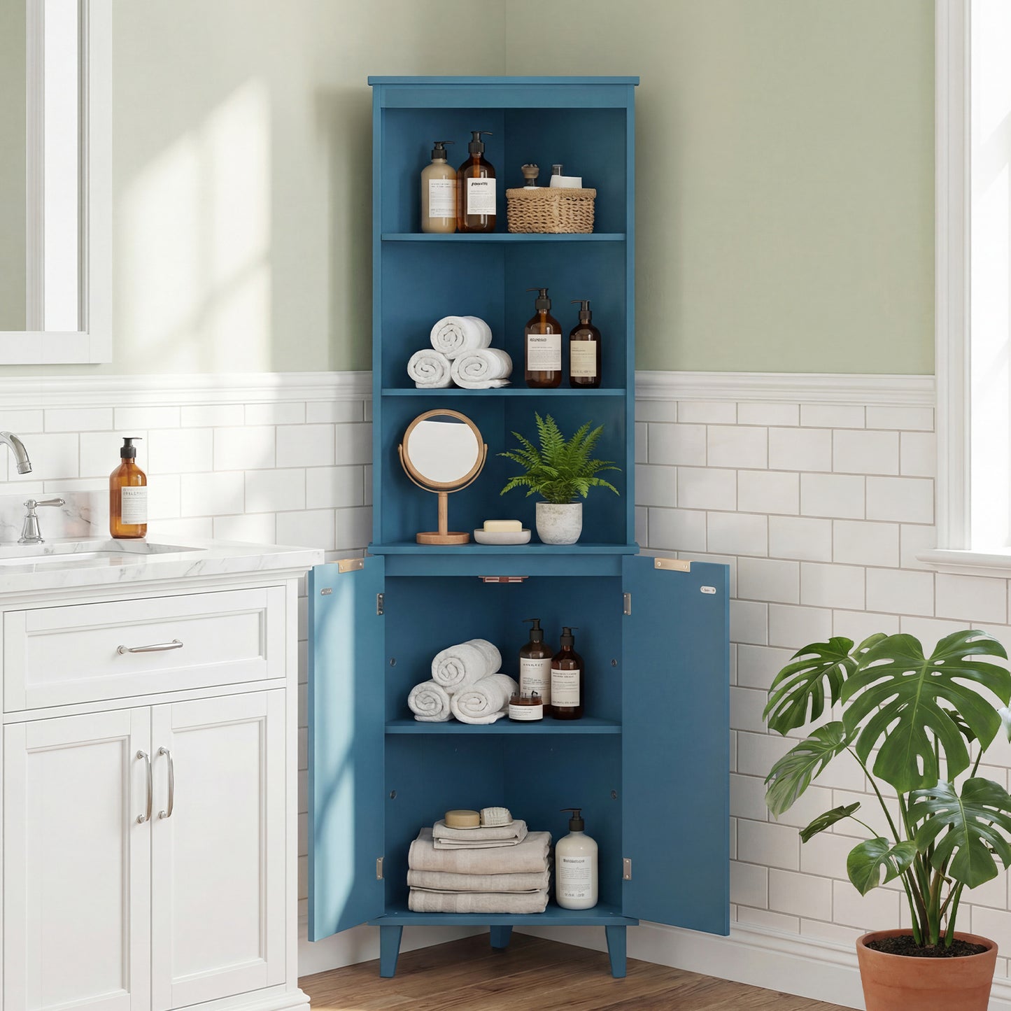 68 Inch Tall Bathroom Floor Storage Cabinet, Fluted Doors, Blue Floor Cabinets at Gallery Canada