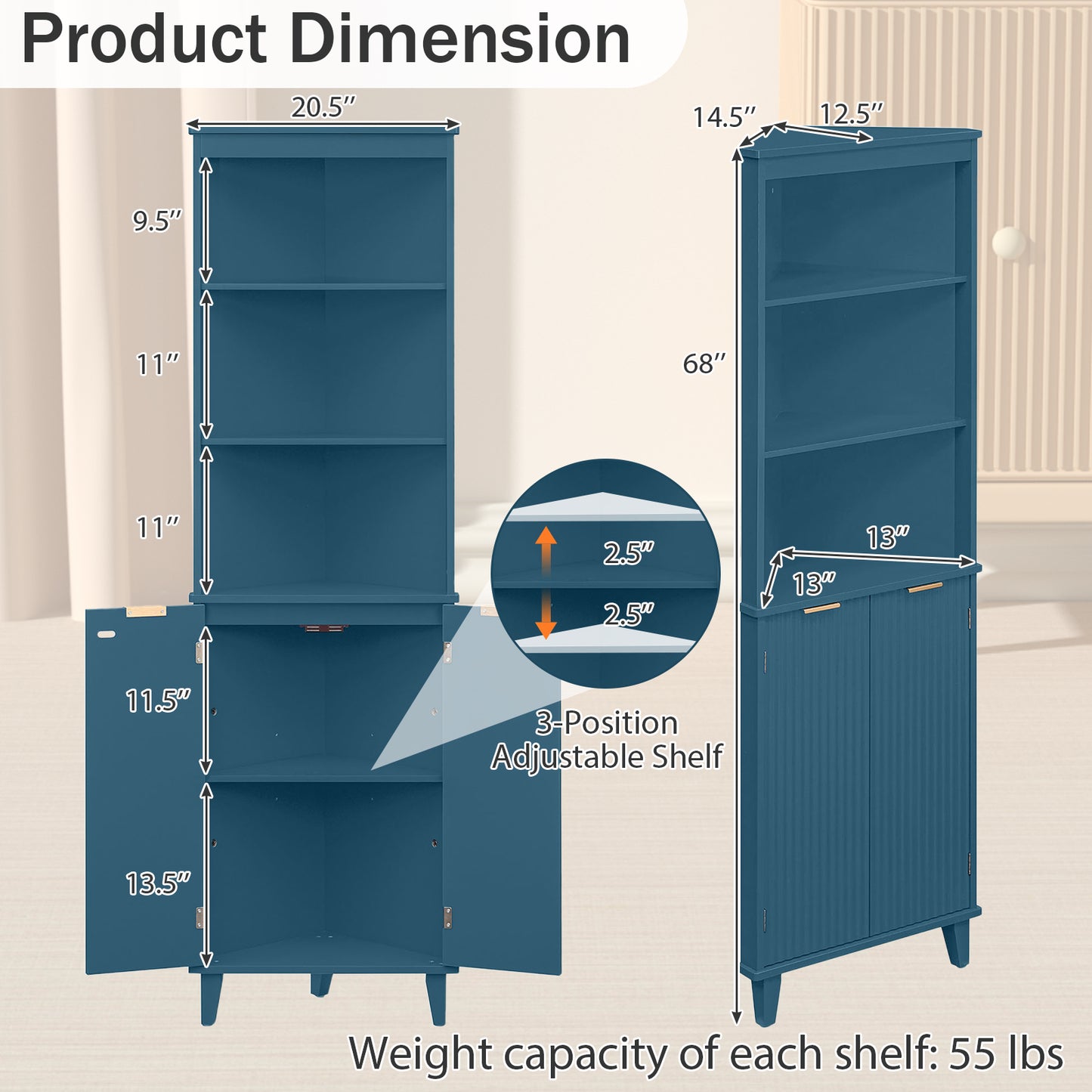68 Inch Tall Bathroom Floor Storage Cabinet, Fluted Doors, Blue Floor Cabinets at Gallery Canada
