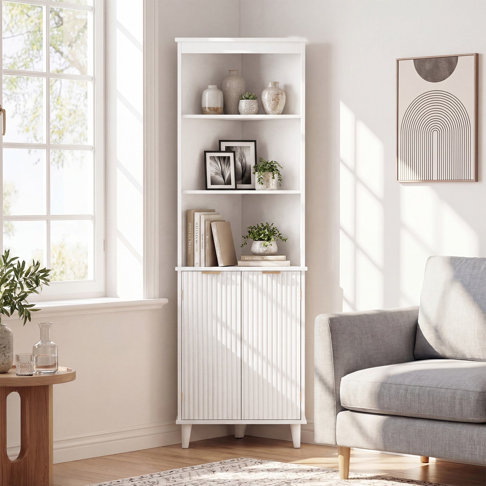68 Inch Tall Bathroom Floor Storage Cabinet, Fluted Doors, White Floor Cabinets at Gallery Canada