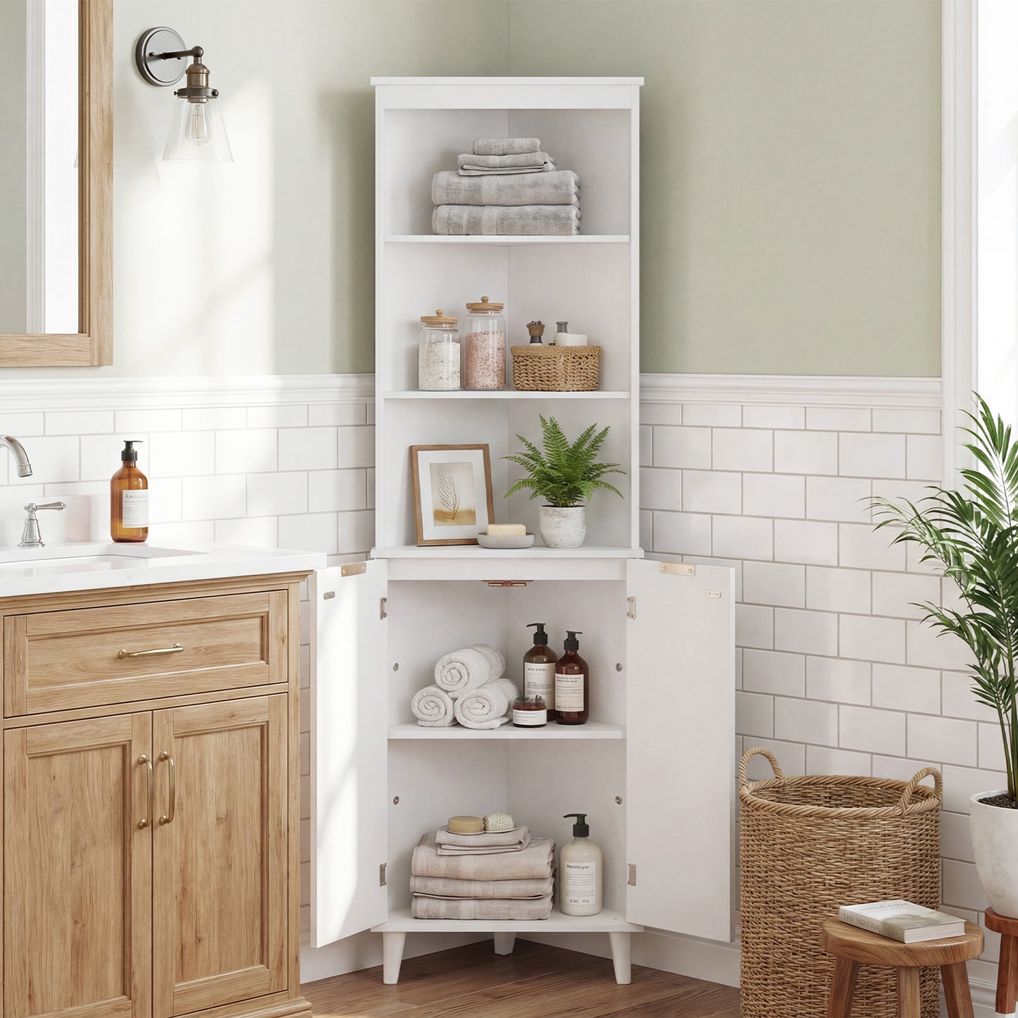 68 Inch Tall Bathroom Floor Storage Cabinet, Fluted Doors, White Floor Cabinets at Gallery Canada