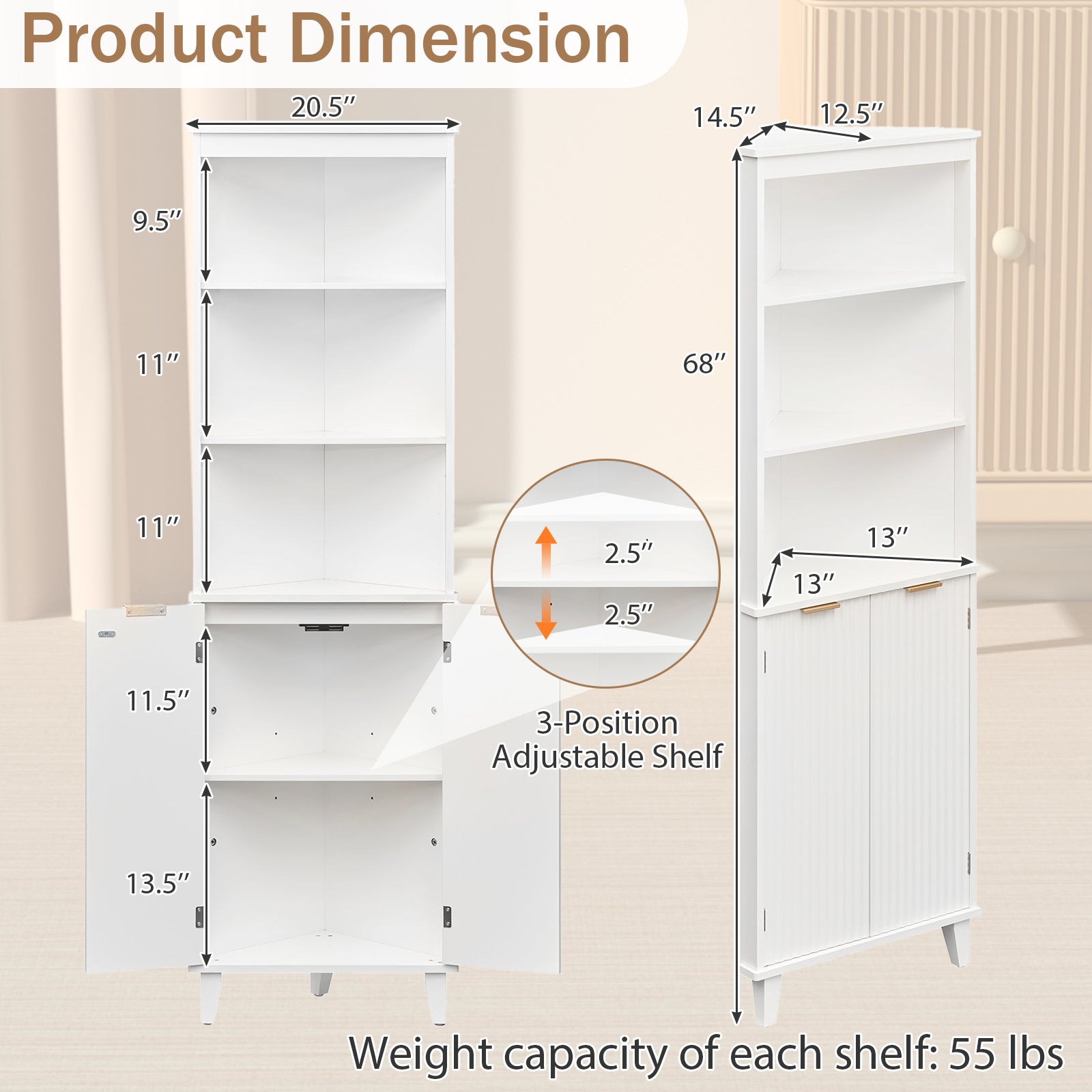 68 Inch Tall Bathroom Floor Storage Cabinet, Fluted Doors, White Floor Cabinets at Gallery Canada
