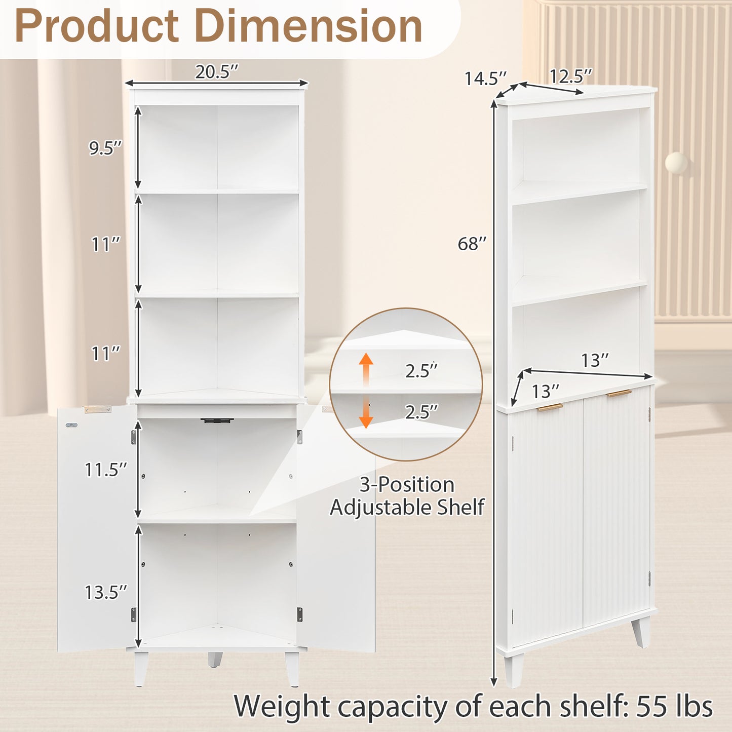 68 Inch Tall Bathroom Floor Storage Cabinet, Fluted Doors, White Floor Cabinets at Gallery Canada