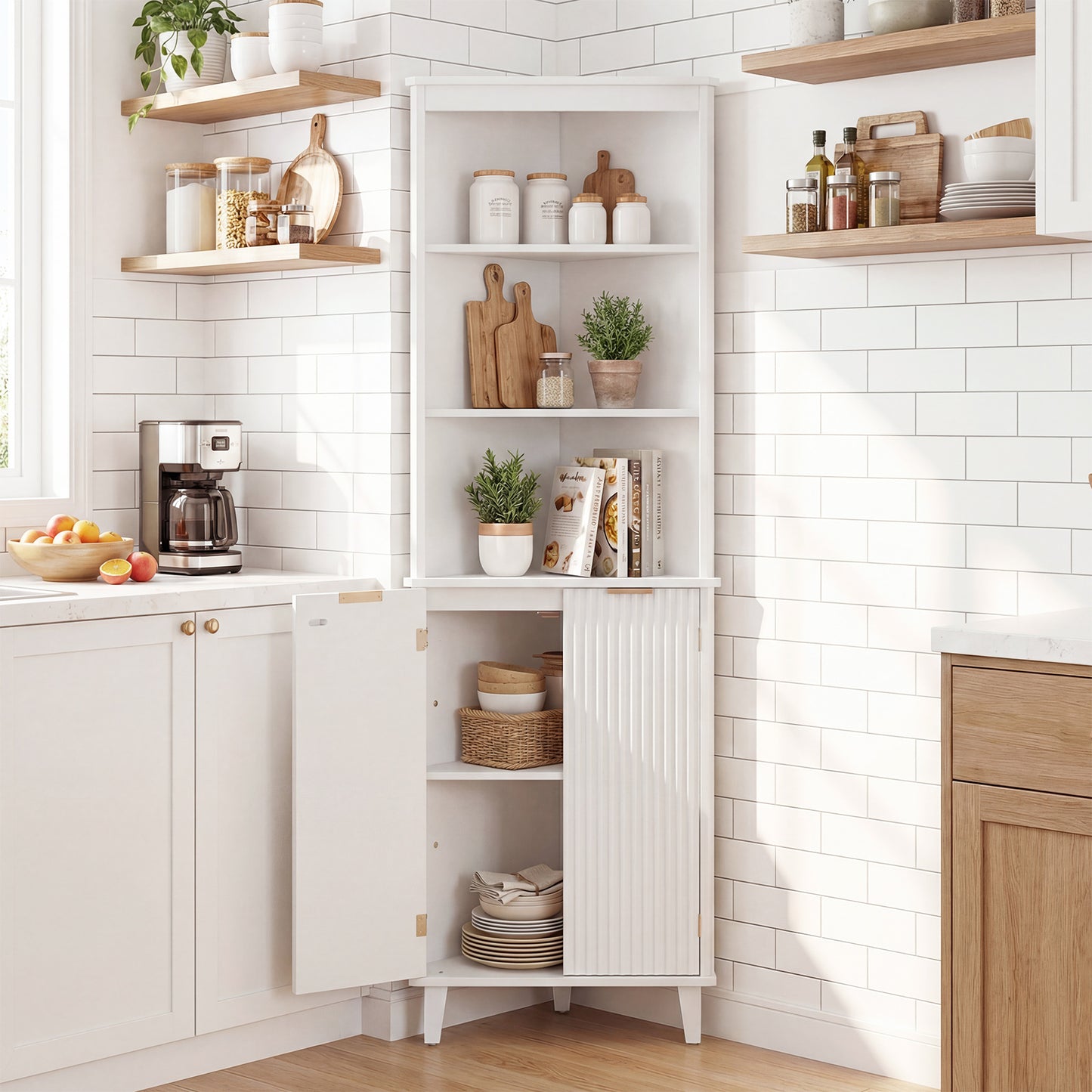 68 Inch Tall Bathroom Floor Storage Cabinet, Fluted Doors, White Floor Cabinets at Gallery Canada