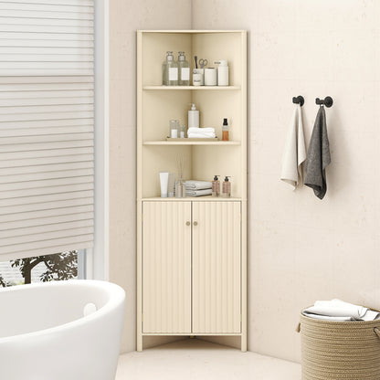 68 Inch Tall Corner Cabinet with 5 Shelves and 2 Fluted Doors for Bathroom, Beige Floor Cabinets at Gallery Canada