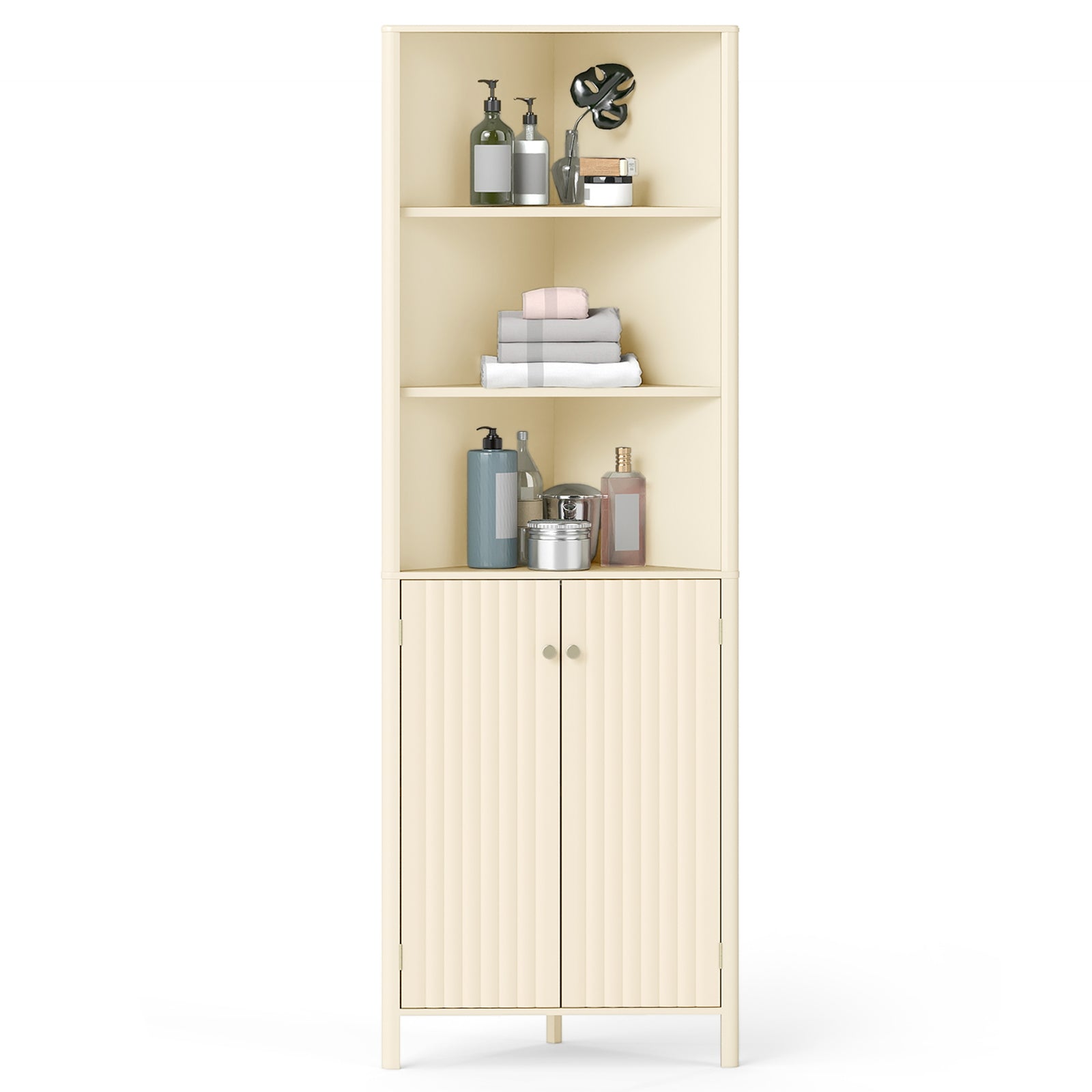 68 Inch Tall Corner Cabinet with 5 Shelves and 2 Fluted Doors for Bathroom, Beige Floor Cabinets at Gallery Canada