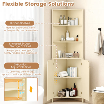 68 Inch Tall Corner Cabinet with 5 Shelves and 2 Fluted Doors for Bathroom, Beige Floor Cabinets at Gallery Canada