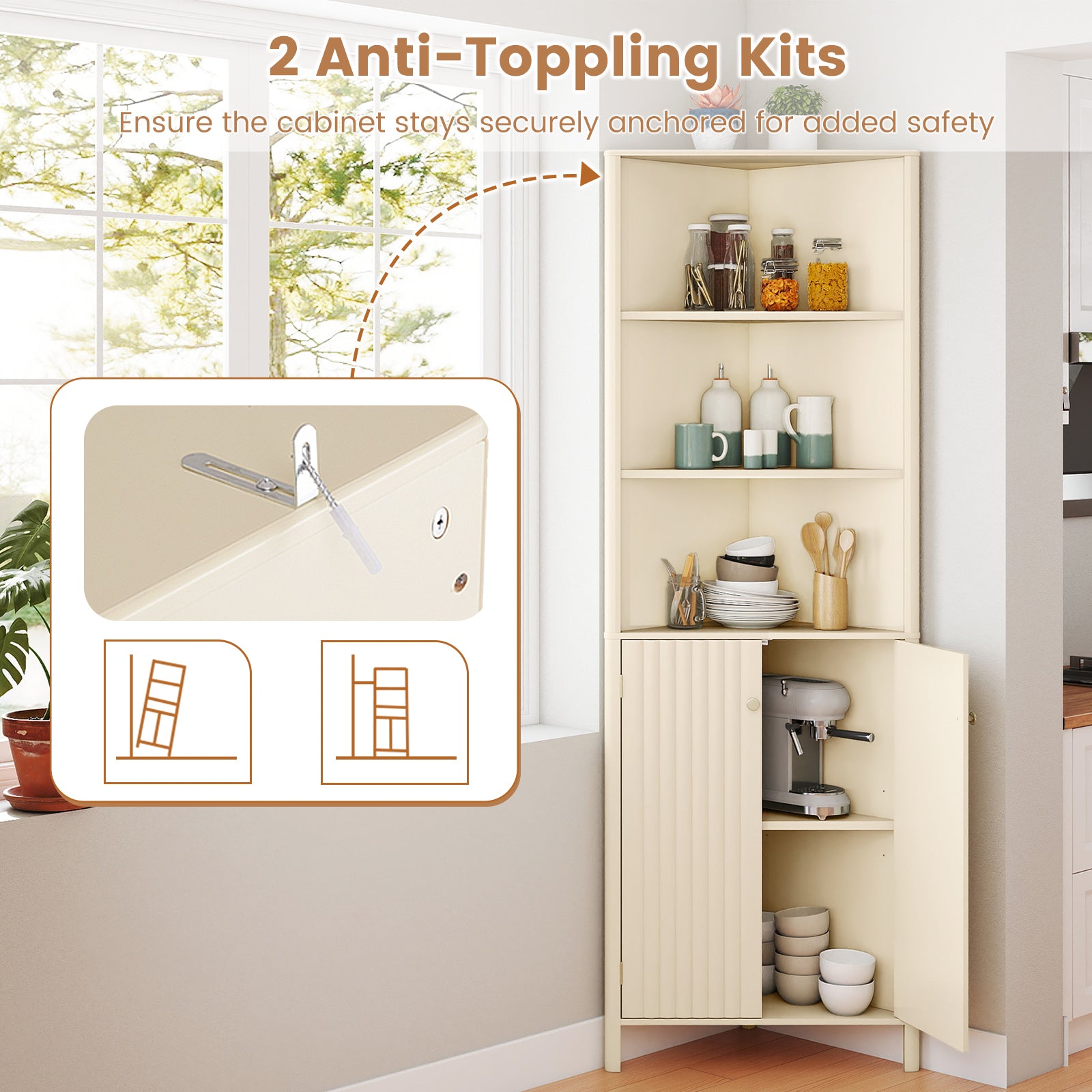 68 Inch Tall Corner Cabinet with 5 Shelves and 2 Fluted Doors for Bathroom, Beige Floor Cabinets at Gallery Canada